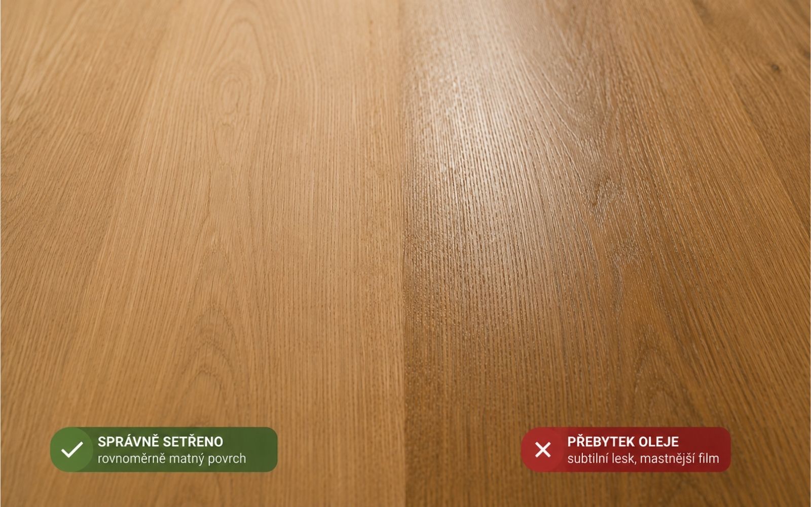 Detail správně setřeného Oil Plus 2C a stejného dubového povrchu s lesklým přebytkem